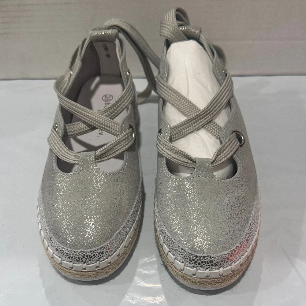 bernie mev. Metallic Silver Crisscross Wedges
